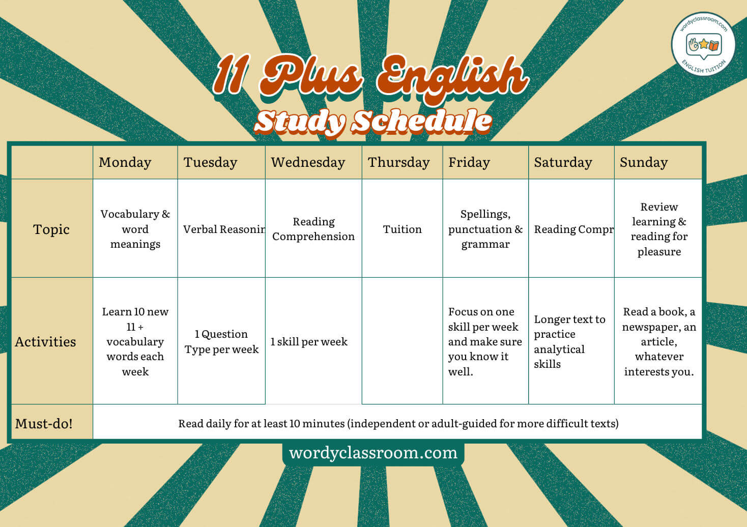 11 Plus comprehension English study timetable